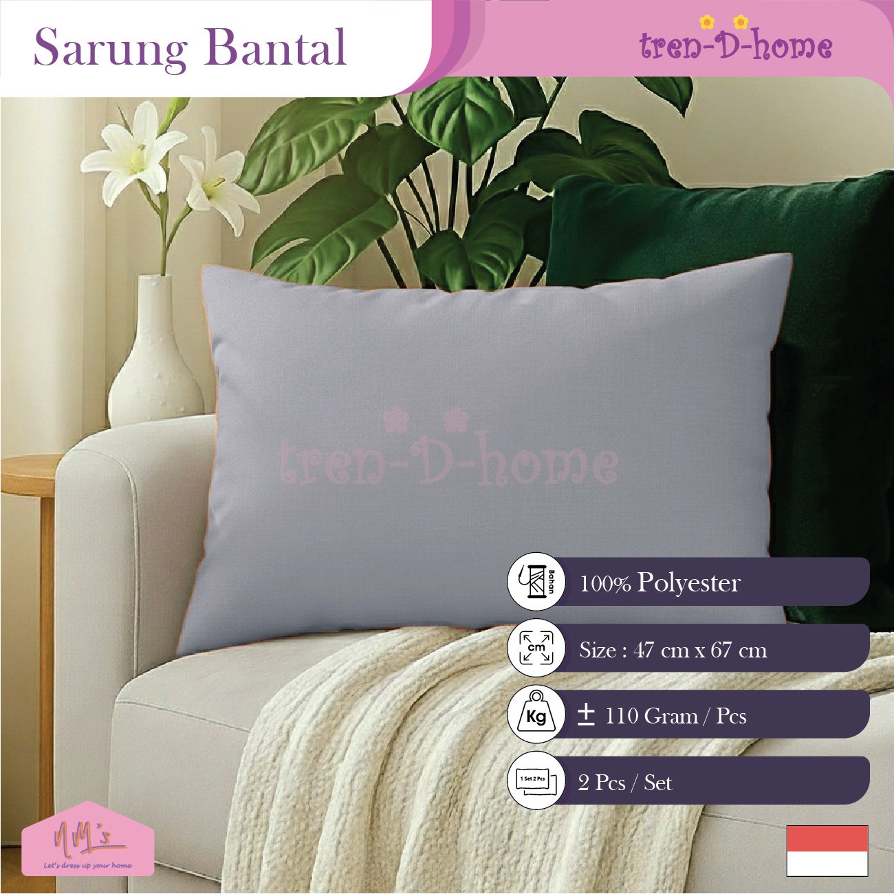 Tren-D-home Sarung bantal polos jumbo 47 cm x 67 cm