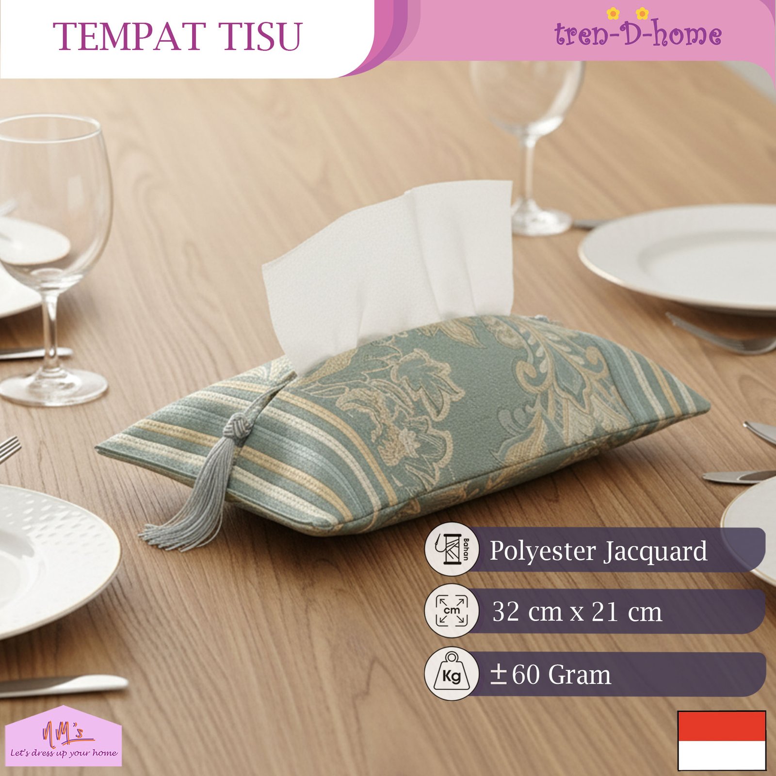 Tren-D-Home Sarung tisu motif bordir jacquard 32 cm x 21 cm